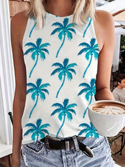 Coconut Tree Print Round Neck Plus Tank Top