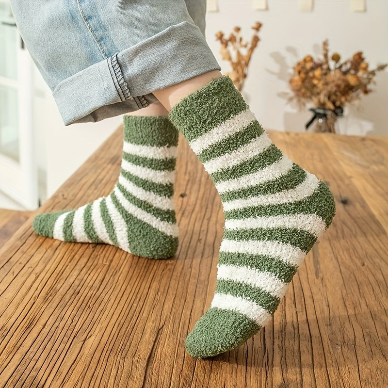6 Pairs Striped Print Fuzzy Socks Comfy & Warm Mid Tube Socks