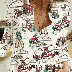 Western Style Blouse Women's Plus Cowboy Print Button Up Blouse