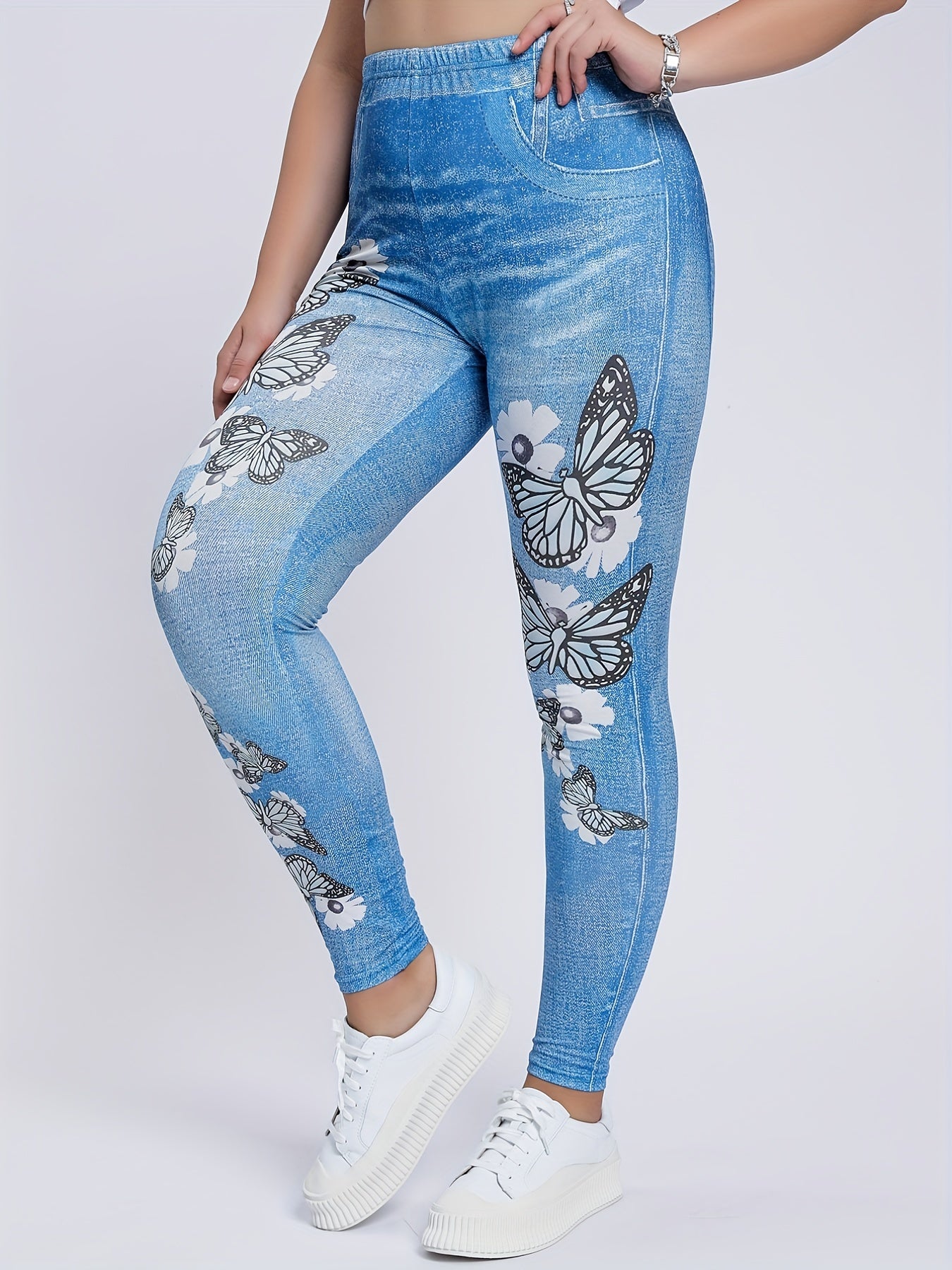 Butterflies & Denim Print Leggings High Waist Skinny Casual Pants