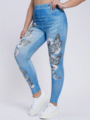 Butterflies & Denim Print Leggings High Waist Skinny Casual Pants