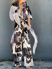 Floral Print V Neck Tie Front Beachwear Kimono Cover Up & Pants