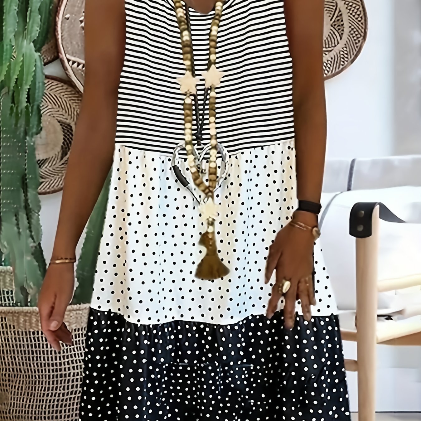 Colorblock Pin Dots & Stripe Print Tank Dress