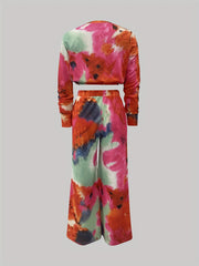 Casual Tie Dye Two-piece Set Long Sleeve Crop Top & Pants Outfit