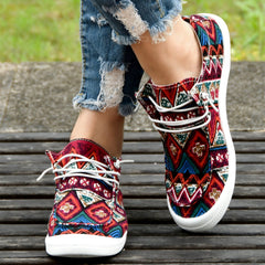 Boho Style Pattern Flat Shoes Casual Lace Up Canvas Slip On Loafers
