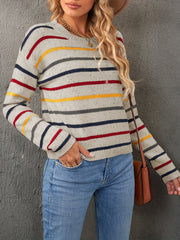 Casual Sweater Women's Plus Stripe Print Long Sleeve Round Neck Jumper