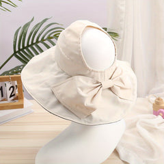 Backless Ponytail Bowknot Sun Hat Wide Brim Solid Casual Beach Hats Cotton Sunsc