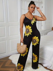 Sunflower Print Spaghetti Strap Jumpsuit Wide Leg Jumpsuit