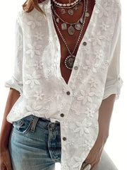 Solid Floral Embroidered Button Up Shirt