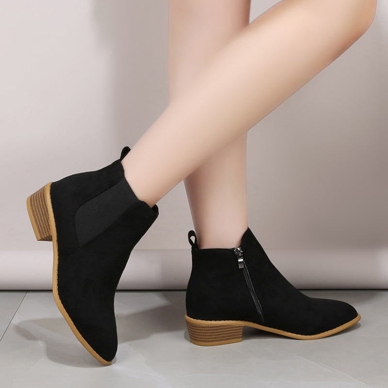 Solid Short Tube Point Toe Faux Leather Zipper Chunky Heel Casual Boots