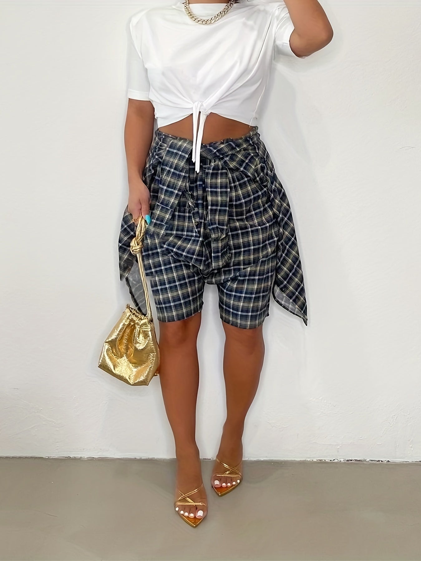 Plaid 5 High Waist Shorts With Wrap Cover Up