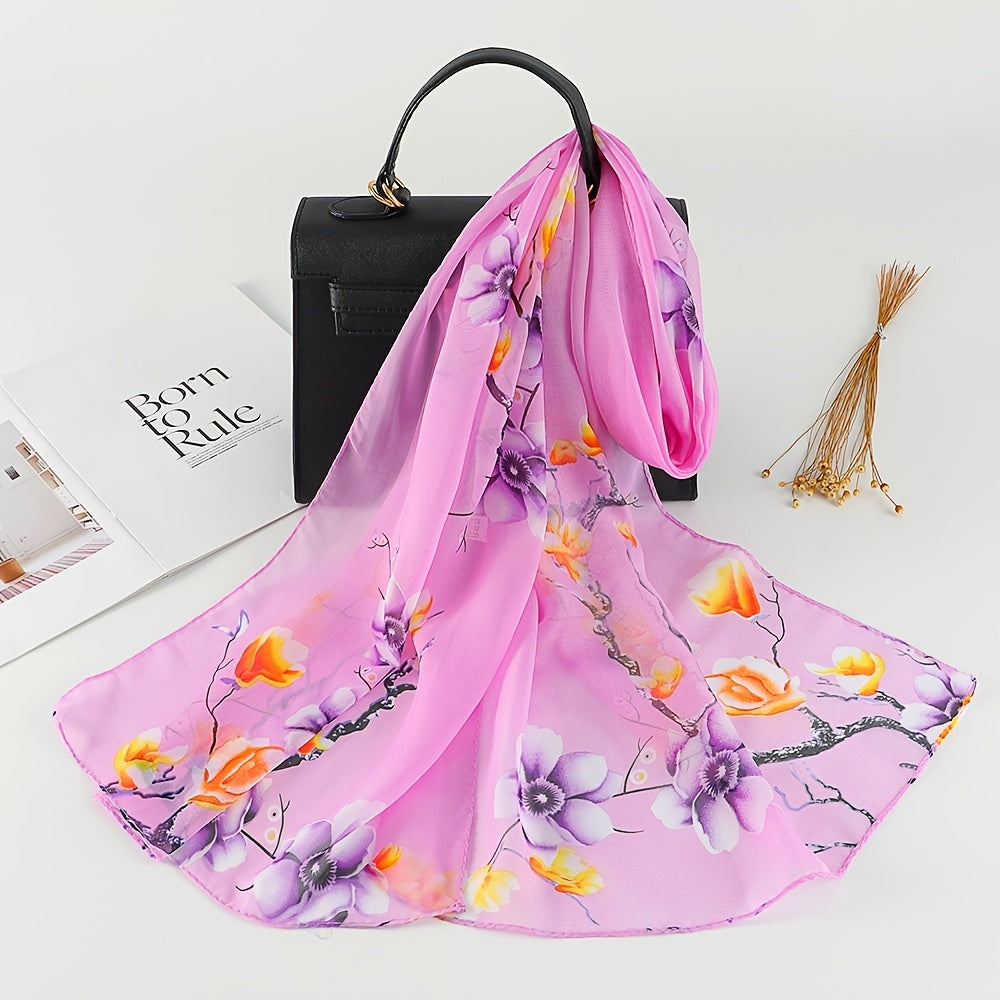 Chiffon Scarf Flower Branch Print Shawl Windproof Head Wrap Travel Beach Towel