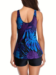 Women's Plus Tropical Tankini Set Lace Up V Neck Top & Shorts Swimsuit