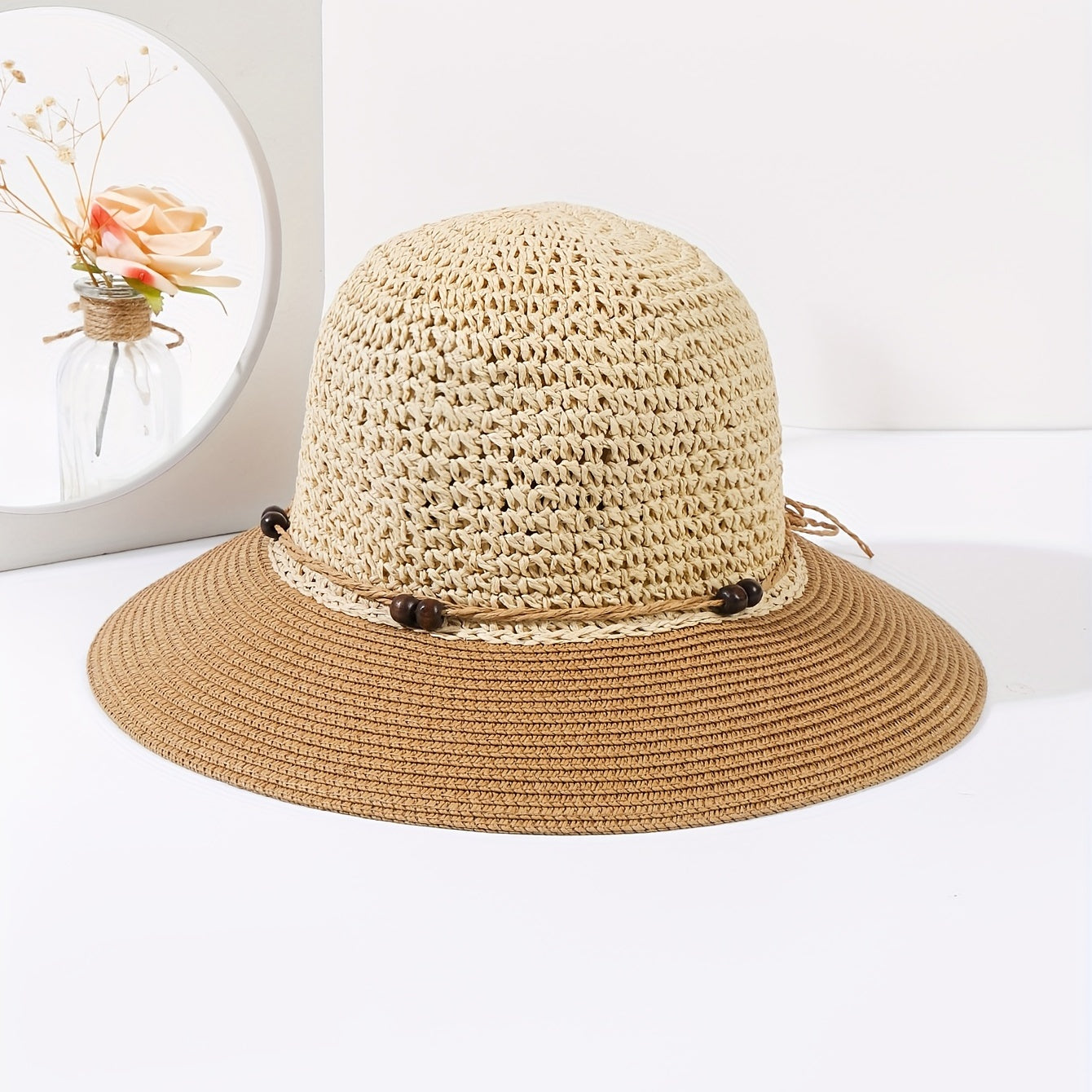 Crochet Straw Sun Hat Rope Bowknot Sunscreen Bucket Hat
