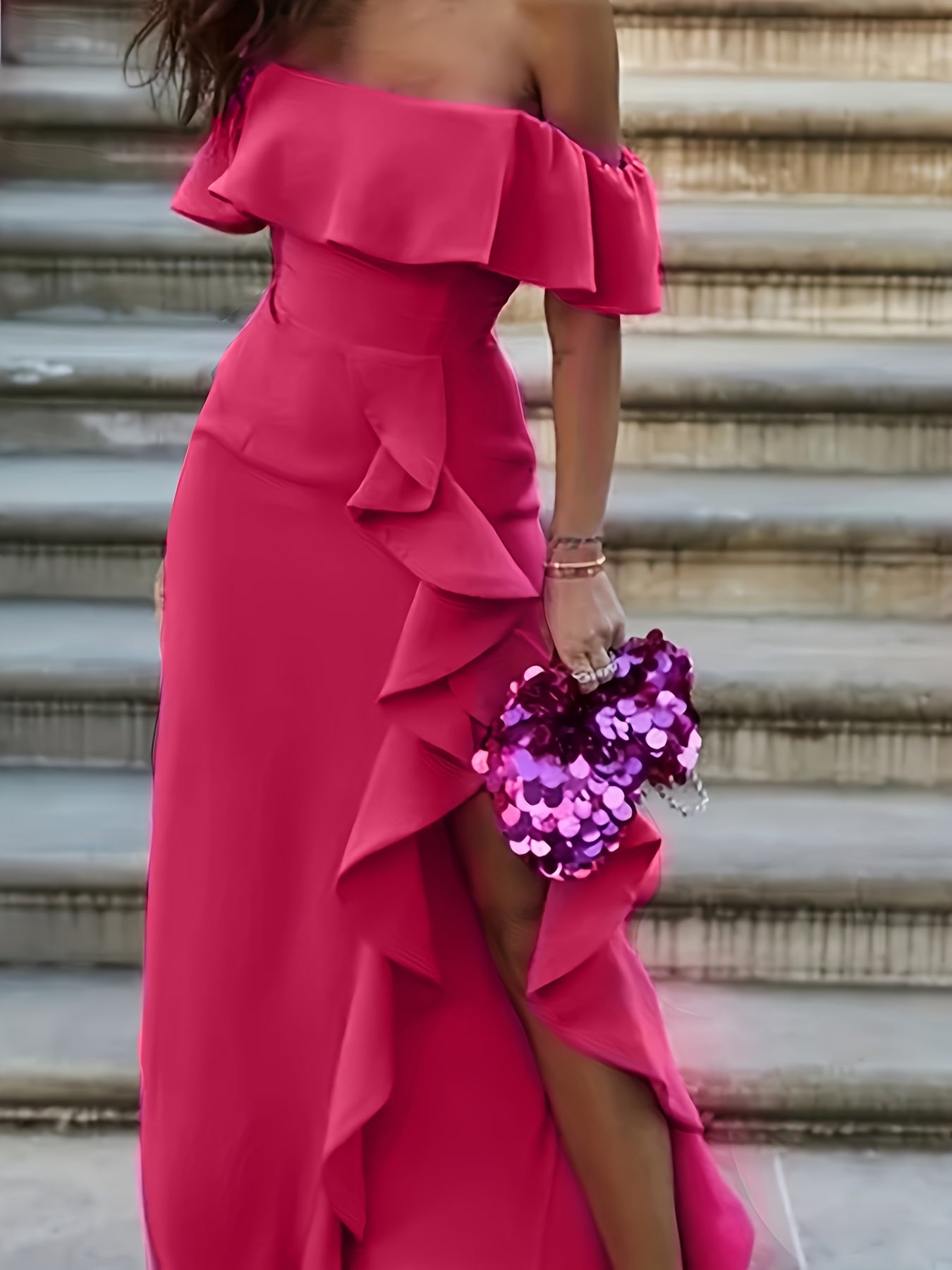 Off Shoulder Ruffle Trim Split Dress for Party