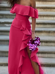 Off Shoulder Ruffle Trim Split Dress for Party