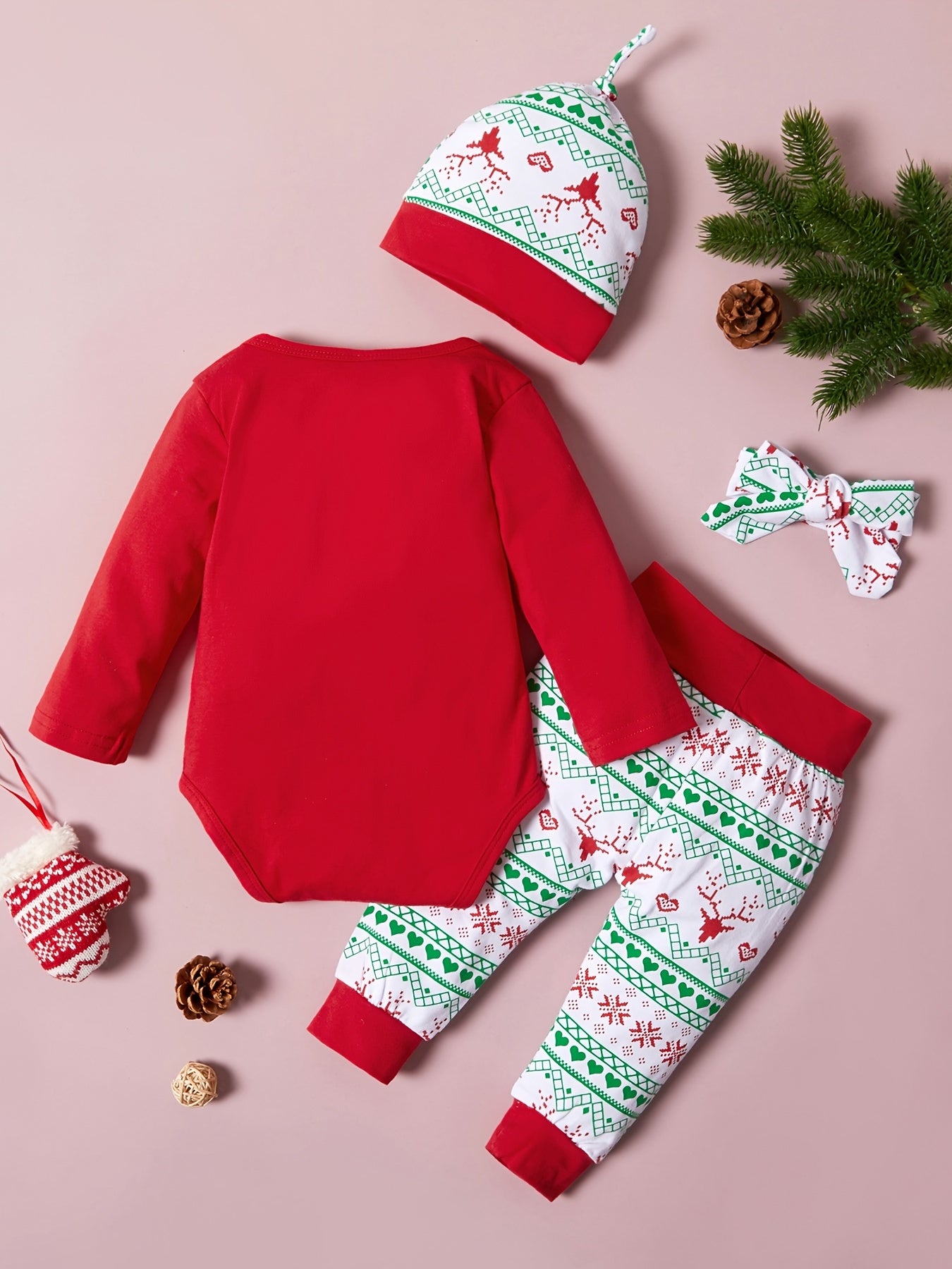 Christmas Party Baby Romper Pants Hat Headband Set