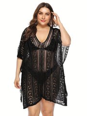 Plus Size Eyelet Embroidery V Neck Tassel Trim Beach Cover Up Dress