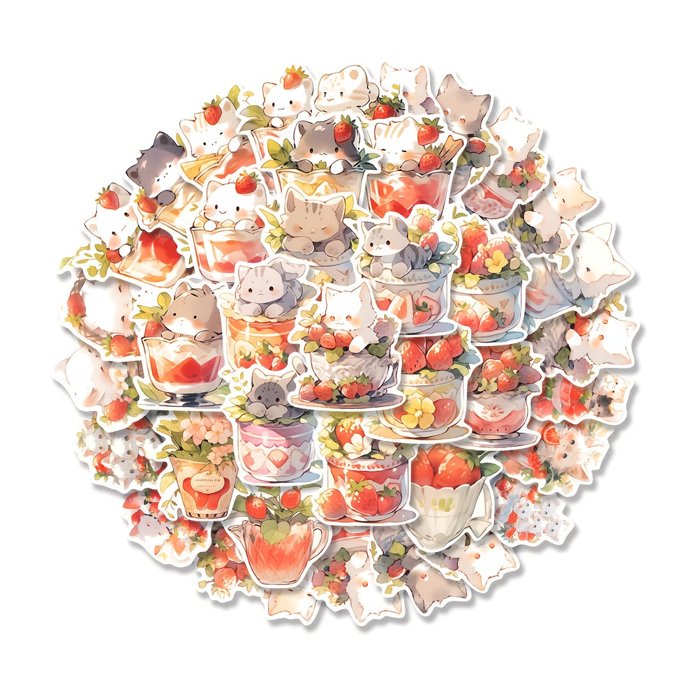 54pcs Strawberry Cat Cartoon Stickers Pack - Kids Laptop Luggage