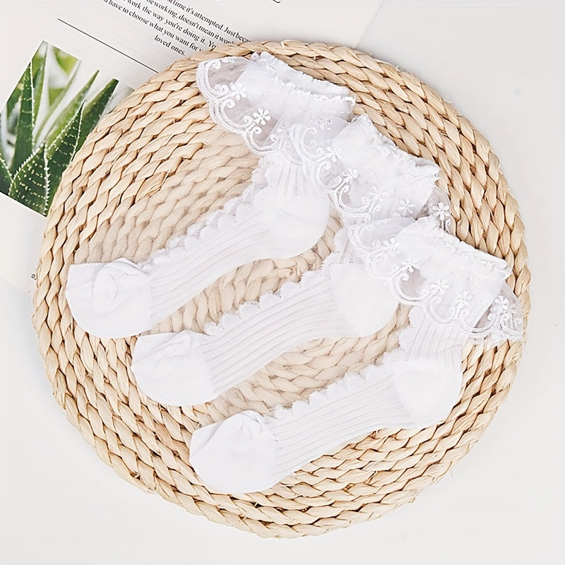 3 Pairs of Mid-tube Lace Cotton Girl's Socks