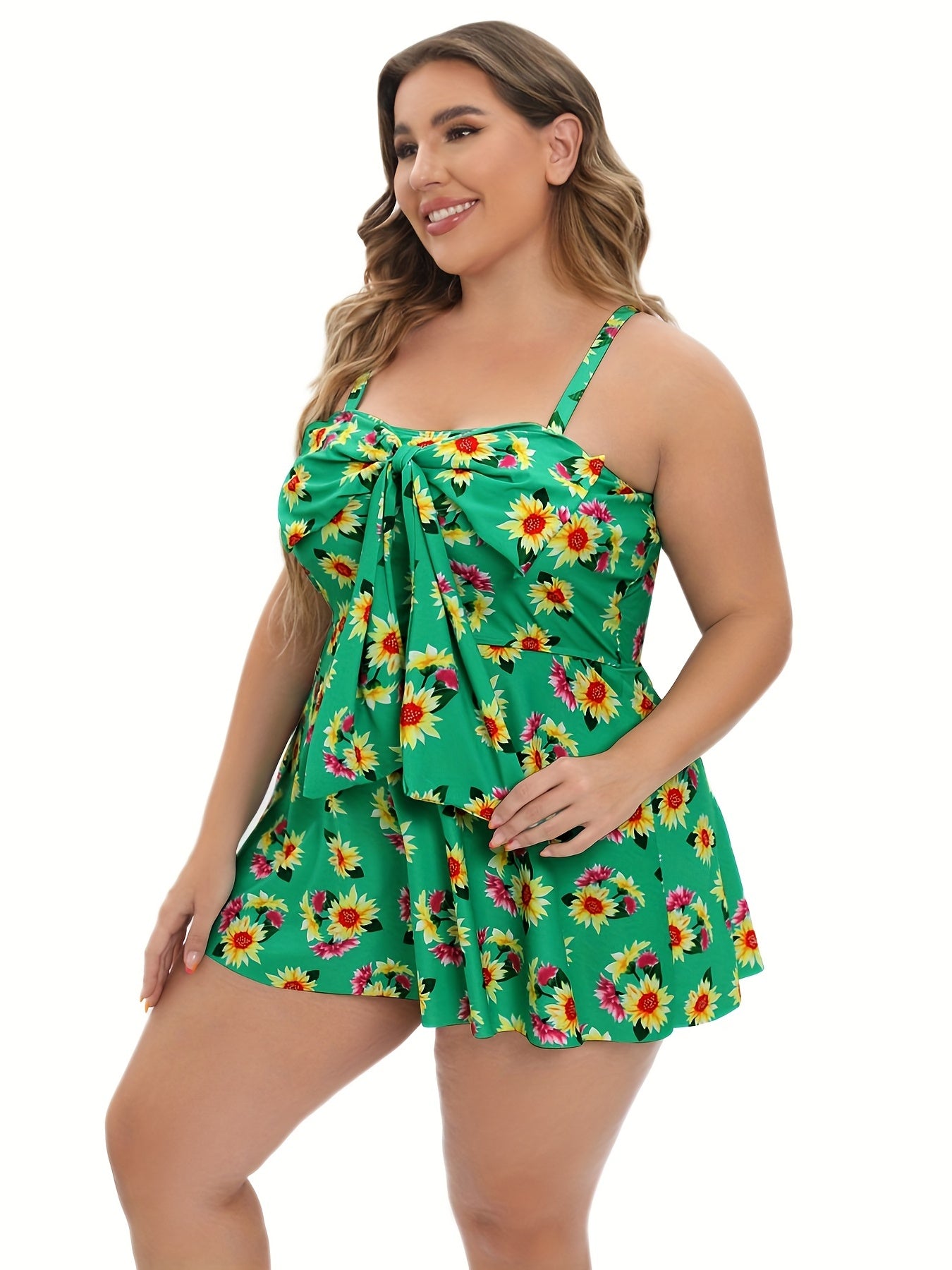 Sunflower Print Bow Knot Tankini Set Women's Two Piece Set