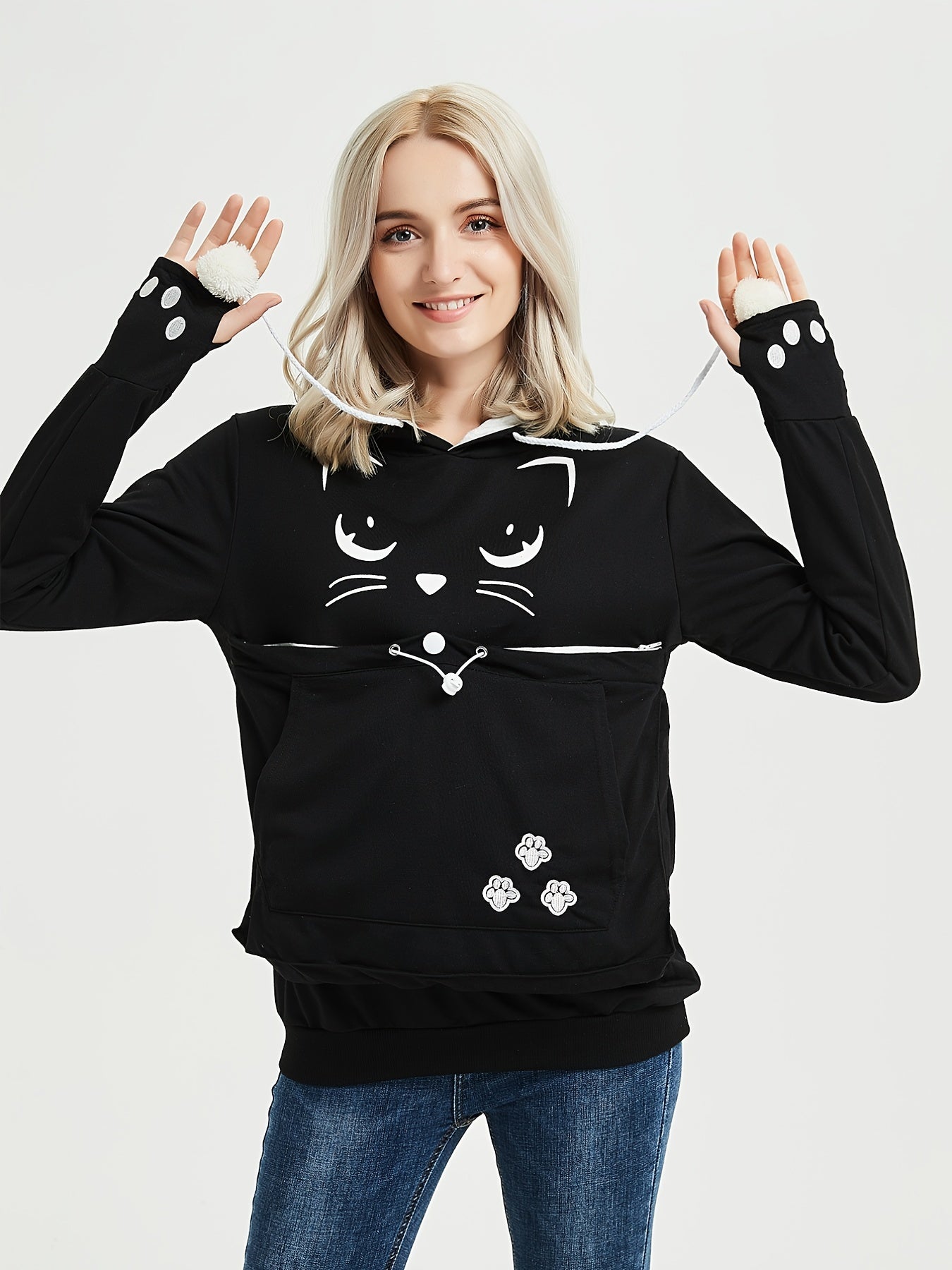 Cat Print Hoodies Drawstring Long Sleeve Sweatshirt With Cat Ears