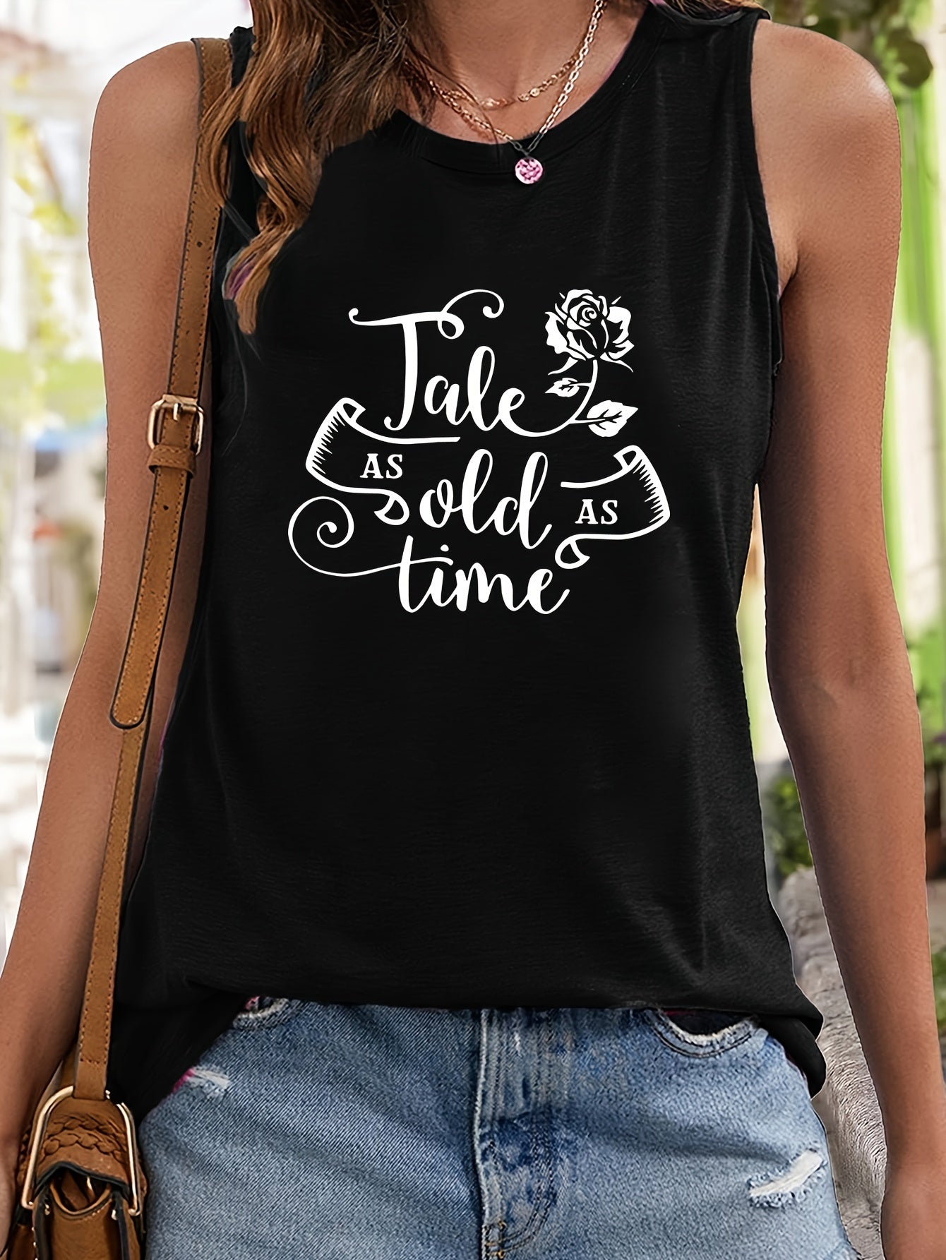 Letter Rose Print Tank Top Crew Neck Sleeveless Summer Top