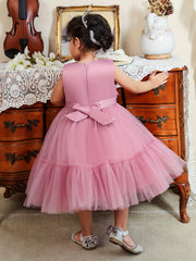 Baby Girls Floral Decor Bowknot Sleeveless Mesh Gown Princess Dress