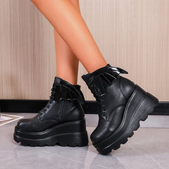 Gothic Platform Ankle Boots Lace Up Round Toe Wedge Heel Punk Short Boots