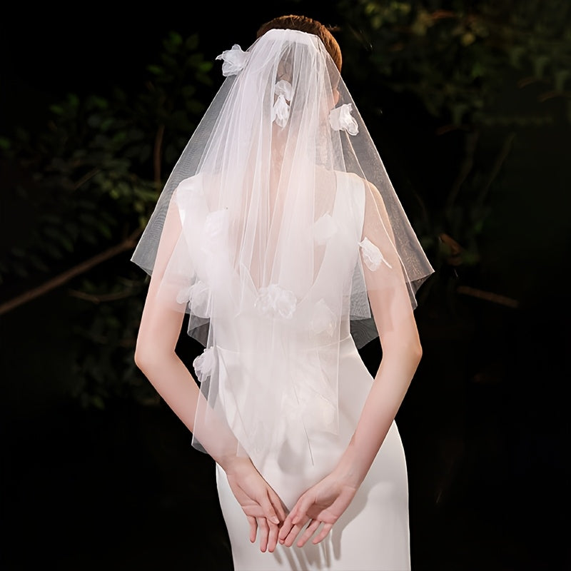 Romantic Floral Bridal Veil Headpiece with Cascading Layers & Delicate Flowers
