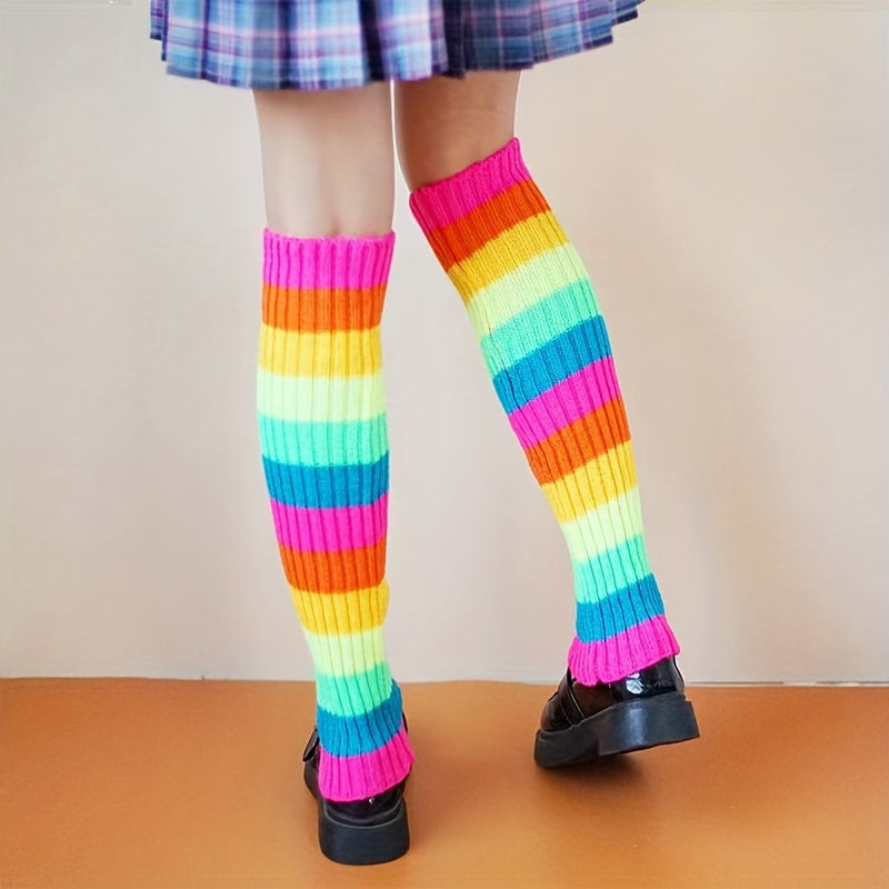 Rainbow Striped Leg Warmers Colorblock Knitted Socks