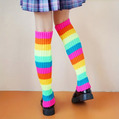 Rainbow Striped Leg Warmers Colorblock Knitted Socks