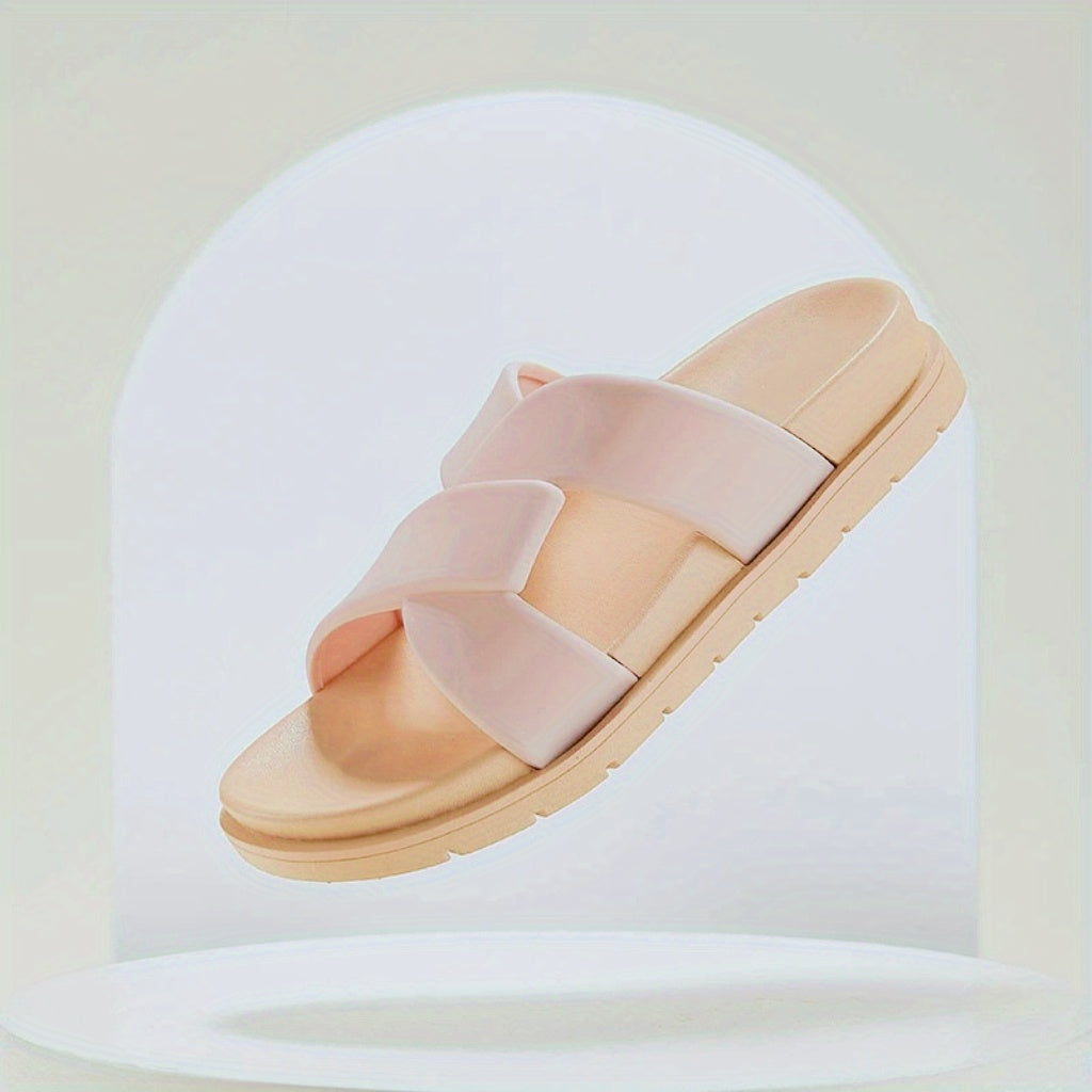 Women's Cross Strap Flat Slides Open Toe Solid Slip On Shoes