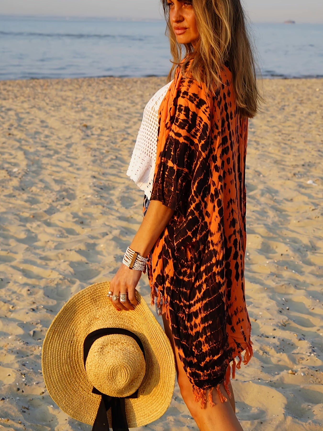 Tie Dye Print Tassel Trim Open Front Cover Up Cardigan Loose Fit