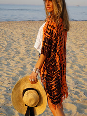 Tie Dye Print Tassel Trim Open Front Cover Up Cardigan Loose Fit