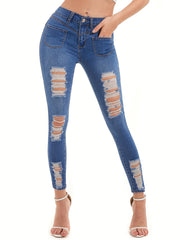 Ripped Button Fly Slim Fit Denim Pants