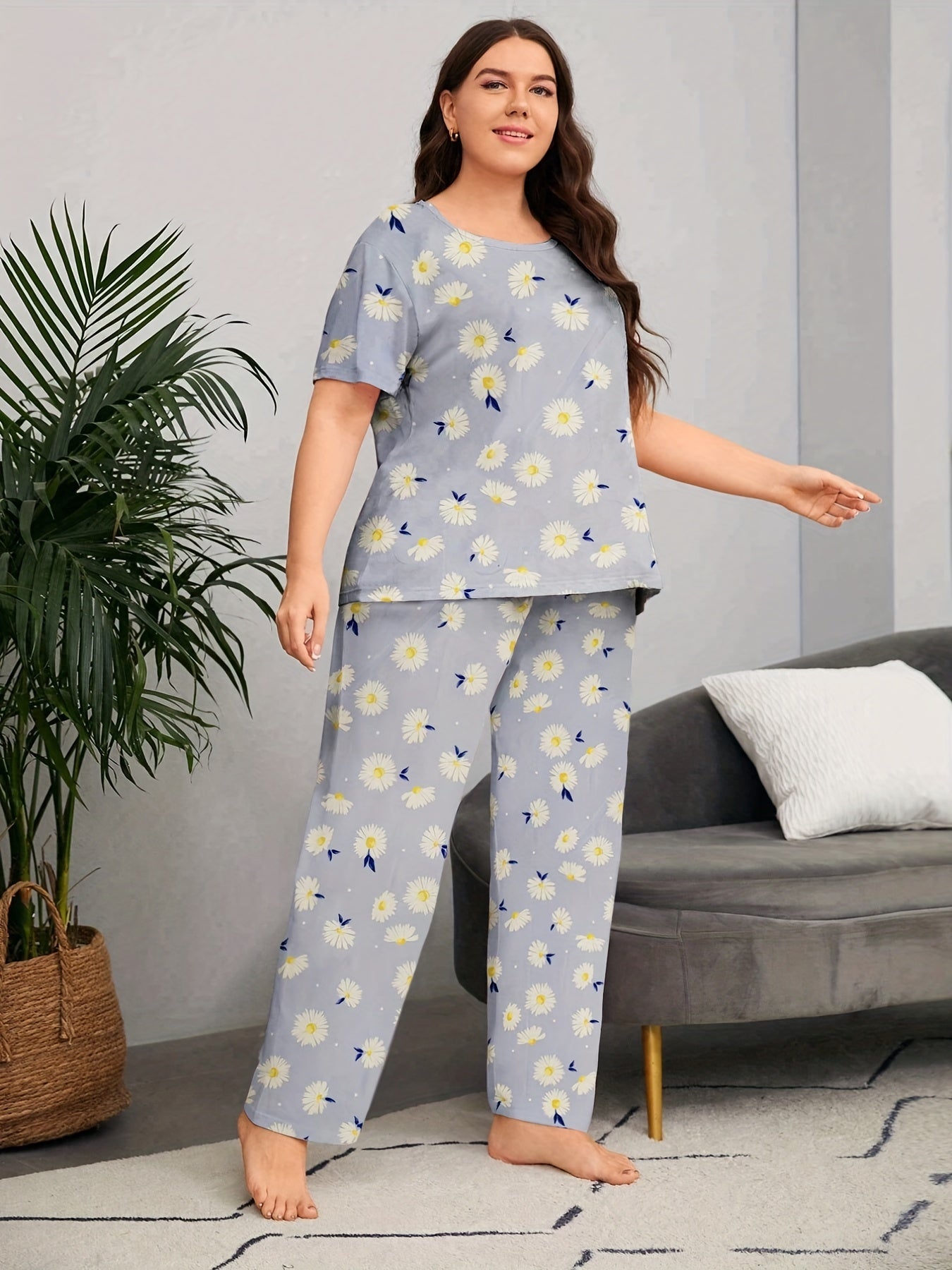 Floral Print Short Sleeve Top & Pants Pajama Set