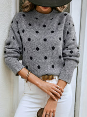 Polka Dot Crew Neck Pullover Sweater for Women