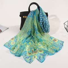 Vintage Peacock Print Scarf Gauze Shawl Head Wrap Sunscreen Towel