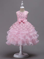 Girls Floral Embroidery Bowknot Sleeveless Princess Dress