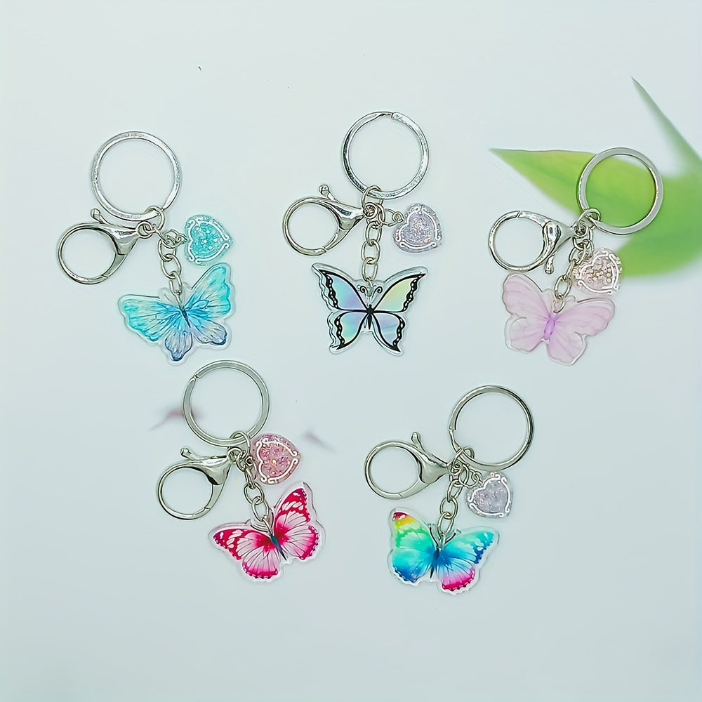 Girls Butterfly Keychain Sequin Heart Key Ring