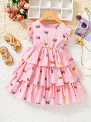 Girls Flutter Sleeve Butterfly Print A Line Tiered Casual Dress
