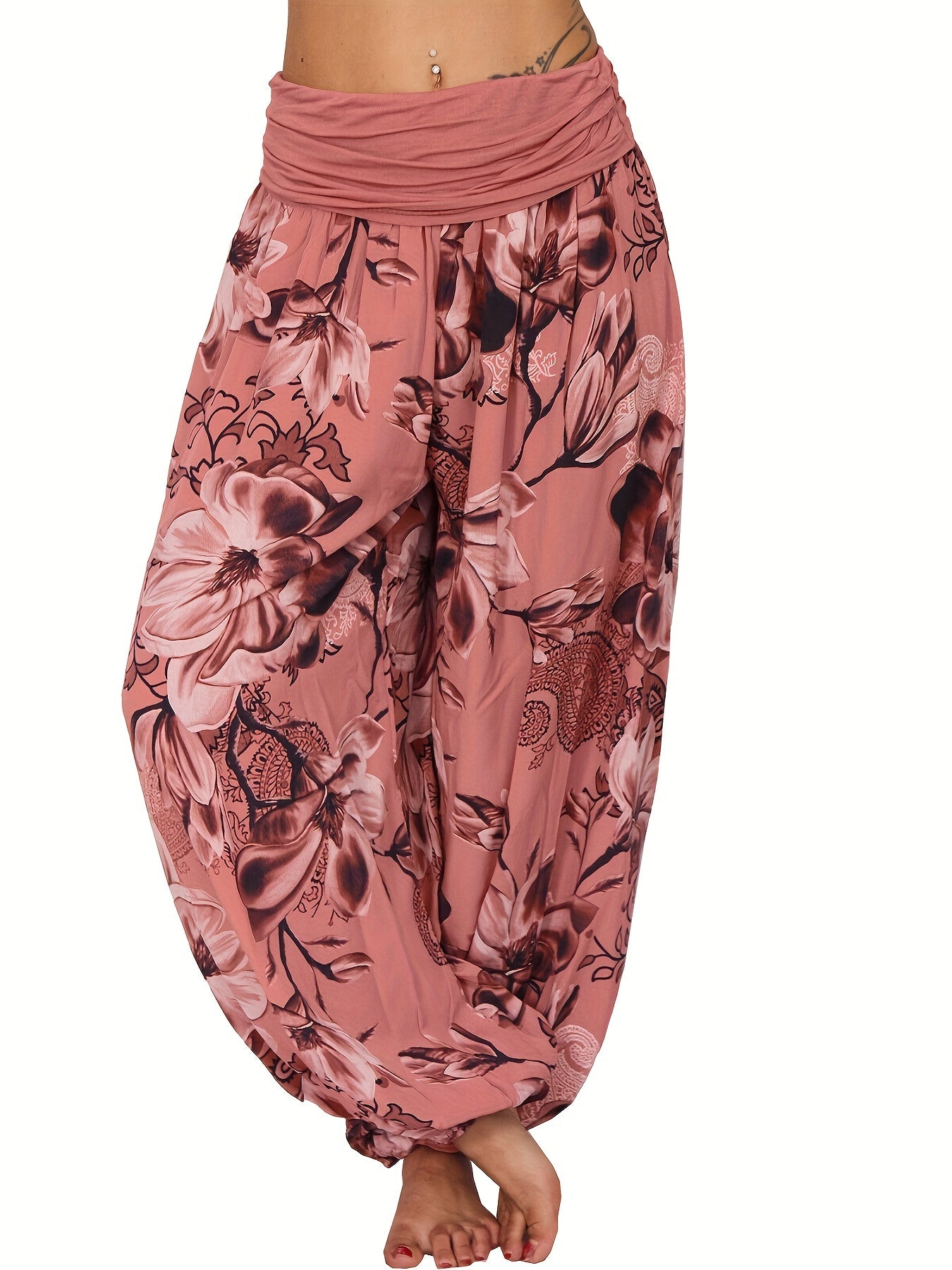 Colorblock Floral Print Ruched Jogger Trousers
