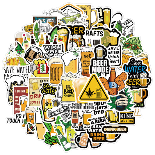50pcs Beer Waterproof Stickers for Phone Cases Luggage PVC Doodle Decorations