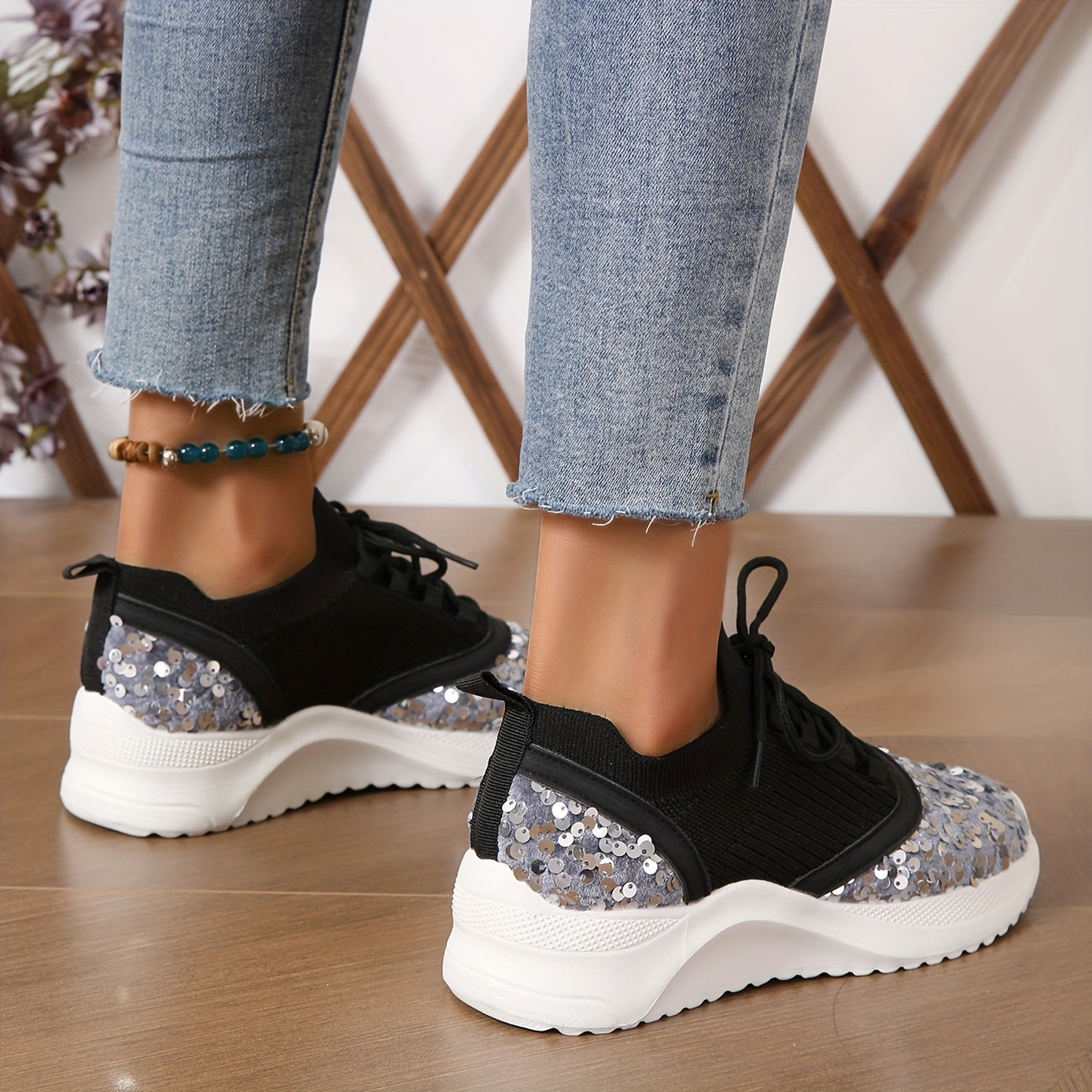 Women's Glitter Sequins Platform Sneakers Lace Up Outdoor Shoes