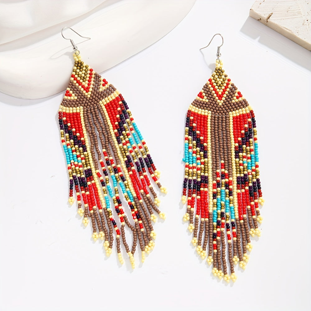 Long Beaded Tassel Earrings Bohemian Style Fringe Drop Earrings