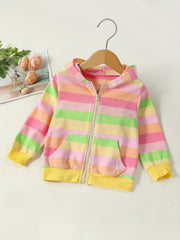 Girls Winter Hooded Jacket with Rainbow Stripes and Zipper Pockets