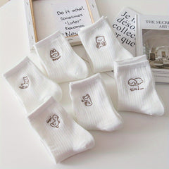 6 Pairs Cartoon Embroidery Mid Tube Socks Women's Stockings
