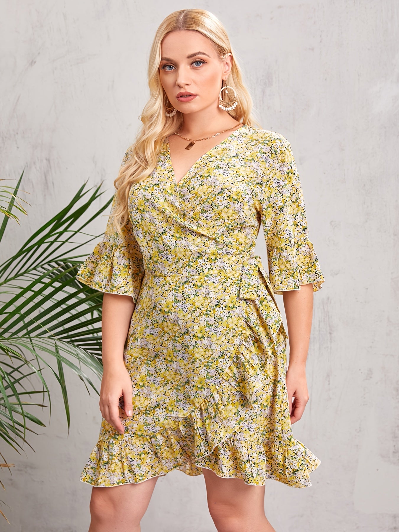 Floral Print V Neck Belted Wrap Midi Dress
