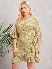 Floral Print V Neck Belted Wrap Midi Dress